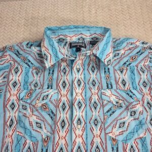 Panhandle Mens Aztec Western Pearl Snap Shirt Blue Red Geometric  Large